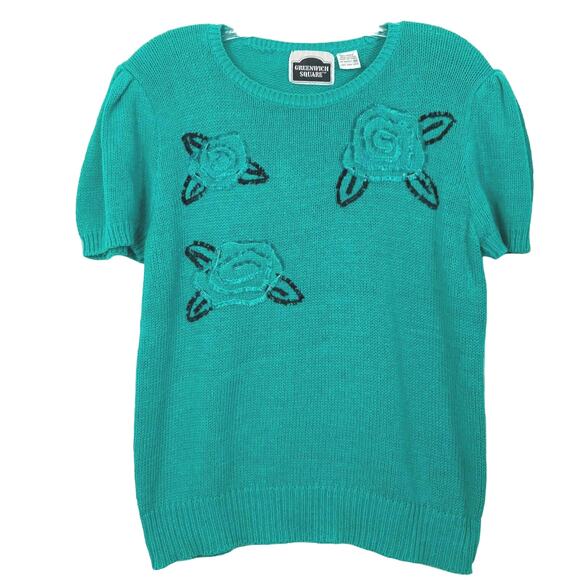GREENWICH SQUARE Sweater Medium Vintage Knit Floral Appliqués - Picture 1 of 5